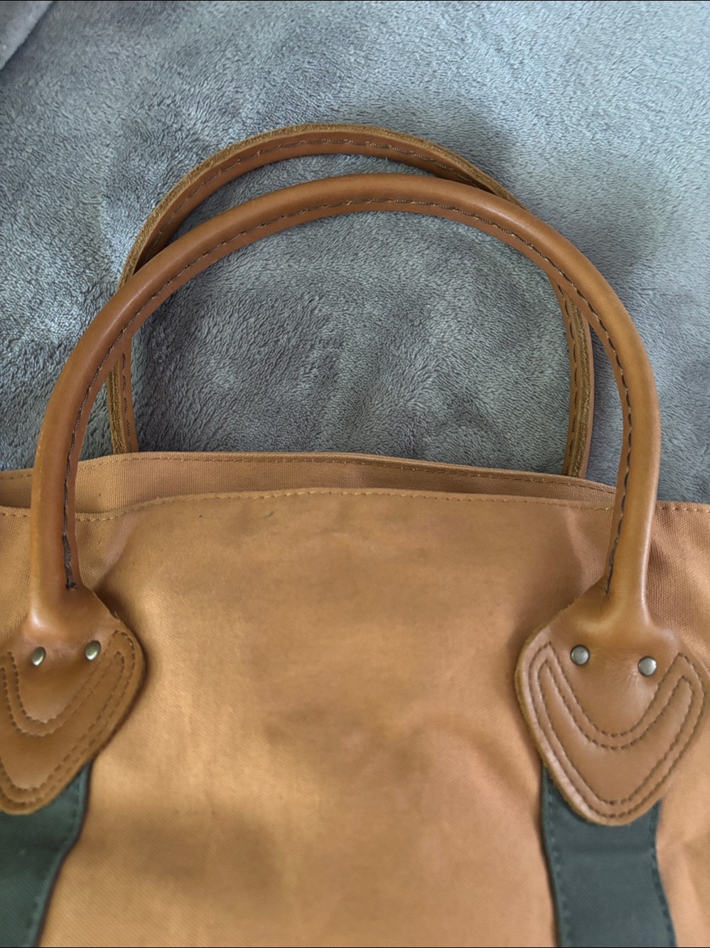 LL BEAN Boat & Tote Bag Full Grain Leather Handles vintage Khaki/Green - Picture 4 of 15